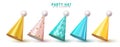 Birthday party hat vector set design. Party hat birthday kids collection in gold, green, blue and yellow cone shape Royalty Free Stock Photo