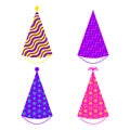 Birthday party hats set isolated on white background. Colorful paper caps with stars, ellipses, waves, zigzags. Cartoon vector Royalty Free Stock Photo