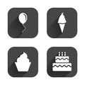 Birthday party icons. Cake with ice cream symbol