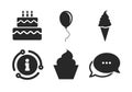 Birthday party icons. Cake with ice cream symbol. Vector