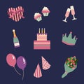 Birthday party icons set and celebration icon. Birthday collection symbols. Illustration Royalty Free Stock Photo