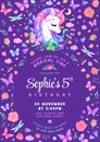 Birthday party invitation with unicorn, butterflies and flowers. Vector illustration on purple background.