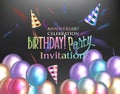 Birthday party banner with colorful paty hats, levitating confetti and air balloons