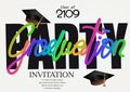 Graduation party invitation card with colorful lettering and graduation caps.