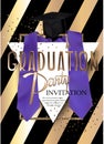 Graduation party invitation card with striped background and graduation objects.