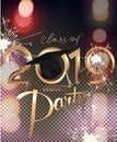 Graduation party 2019 invitation card with bokeh background and sparklers.