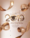 Graduation party class 2019 beige card with golden ribbons.