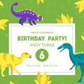 Birthday Party Invitation Card Template, Banner, Placard or Flyer with Cute Dinosaurs Vector Illustration Royalty Free Stock Photo