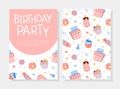 Birthday Party Invitation Card Template with Sweets and Desserts Seamless Pattern Cartoon Vector Illustration Royalty Free Stock Photo