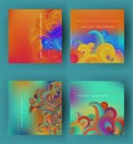 Abstract cards with multicolor fluid elements.