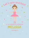 Birthday party invitation. Little girl ballerina in pink tutu dress on blue background. Cute cartoon character. Royalty Free Stock Photo