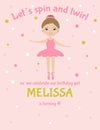 Birthday party invitation. Little girl ballerina in pink tutu dress on pink background. Cute cartoon character. Royalty Free Stock Photo