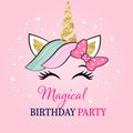 Birthday party invitation template with a magical unicorn