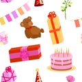 Birthday party items. Seamless pattern with gifts.