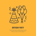 Birthday party line icon. Vector logo for party service or event agency. Linear illustration of balloons, birthday hat