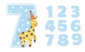 Birthday party numbers set with cute giraffe. Anniversary card templates for kids. Bright blue holiday illustration with funny Royalty Free Stock Photo