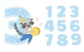 Birthday party numbers set with cute raccoon. Anniversary card templates for kids. Bright blue holiday illustration with funny