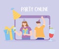 Birthday party online, people with drinks gift and hats