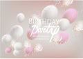 Birthday party poster with beige levitating air balloons. Royalty Free Stock Photo