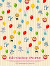 Birthday party poster design - cartoon animals fly with balloons Royalty Free Stock Photo