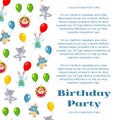 Birthday party poster or invitation with cute cartoon animals and flight balloon Royalty Free Stock Photo