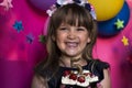 Birthday party.Princess and her strawberry cake. Carefree childhood, happiness. Royalty Free Stock Photo