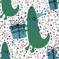 Birthday party seamless crocodile and gift box pattern for wrapping paper and fabrics and kids print and festive