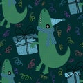 Birthday party seamless crocodile and gift box pattern for wrapping paper and fabrics and kids print and festive