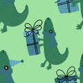 Birthday party seamless crocodile and gift box pattern for wrapping paper and fabrics and kids print and festive