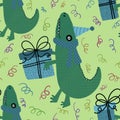 Birthday party seamless crocodile and gift box pattern for wrapping paper and fabrics and kids print and festive