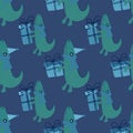 Birthday party seamless crocodile and gift box pattern for wrapping paper and fabrics and kids print and festive