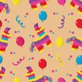 Birthday party seamless pattern with colorful pinata, balloons a
