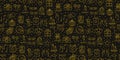 Birthday party seamless pattern in gold. Party decor elements: birthday cake, gift, confetti. Festive, event