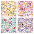 Birthday party seamless pattern vector anniversary cartoon kids happy birth cake or cupcake celebration with gifts and