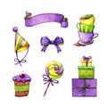 Birthday party set with banner, sweets and gifts