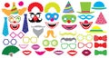 Birthday party set. Clown, hat, cap, glasses, lips, mustaches, tie and etc., icons