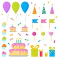 Birthday party set. Colorful balloons, birthday cake, cupcakes, lollipops, gift boxes, flags. Isolated vector Royalty Free Stock Photo