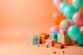birthday party in the studio, pastel colors. Paper background, balloons, gifts, confetti, space for text Royalty Free Stock Photo
