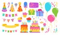 Birthday party surprise cartoon set holiday celebrate greeting anniversary invitation design