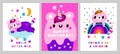 Birthday party sweets greeting cards. Funny unicorn kittens with cake and rainbow. Baby gifts. Pink magic animals. Magic Royalty Free Stock Photo