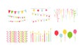 Birthday party symbols set, colorful carnival festive design elements with colorful balloons, flags, decorative ribbons Royalty Free Stock Photo