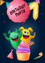 Birthday party text vector poster. Monster cartoon characters holding balloons Royalty Free Stock Photo