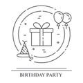 Birthday party theme horizontal banner. Set of elements of cake, present, champagne, disco, firework and other Royalty Free Stock Photo