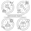 Birthday party theme horizontal banner. Set of elements of cake, present, champagne, disco, firework and other Royalty Free Stock Photo