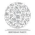 Birthday party theme horizontal banner. Set of elements of cake, present, champagne, disco, firework and other entertainment relat Royalty Free Stock Photo