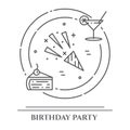 Birthday party theme horizontal banner. Set of elements of cake, present, champagne, disco, firework and other entertainment relat Royalty Free Stock Photo