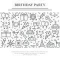 Birthday party theme horizontal banner. Set of elements of cake, present, champagne, disco, firework and other Royalty Free Stock Photo