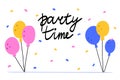 Birthday party time background. Horizontal banner with air balloons and confetti, poster with copy space, anniversary celebration Royalty Free Stock Photo