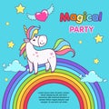 Birthday party with unicorn design template. Happy fairy tale pony on the rainbow.