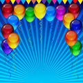 Birthday party vector background - colorful festive balloons, confetti, ribbons flying for celebrations card in blue background